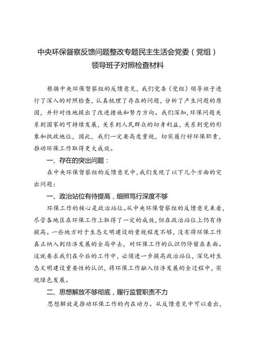 2024年中央环保督察反馈问题整改专题民主生活会党委（党组）领导班子对照检查材料.docx