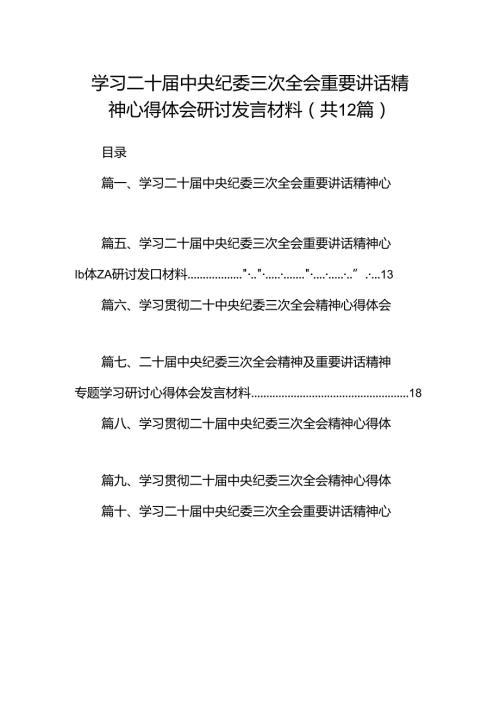 学习二十中央纪委三次全会重要讲话精神心得体会研讨发言材料（共12篇选择）.docx