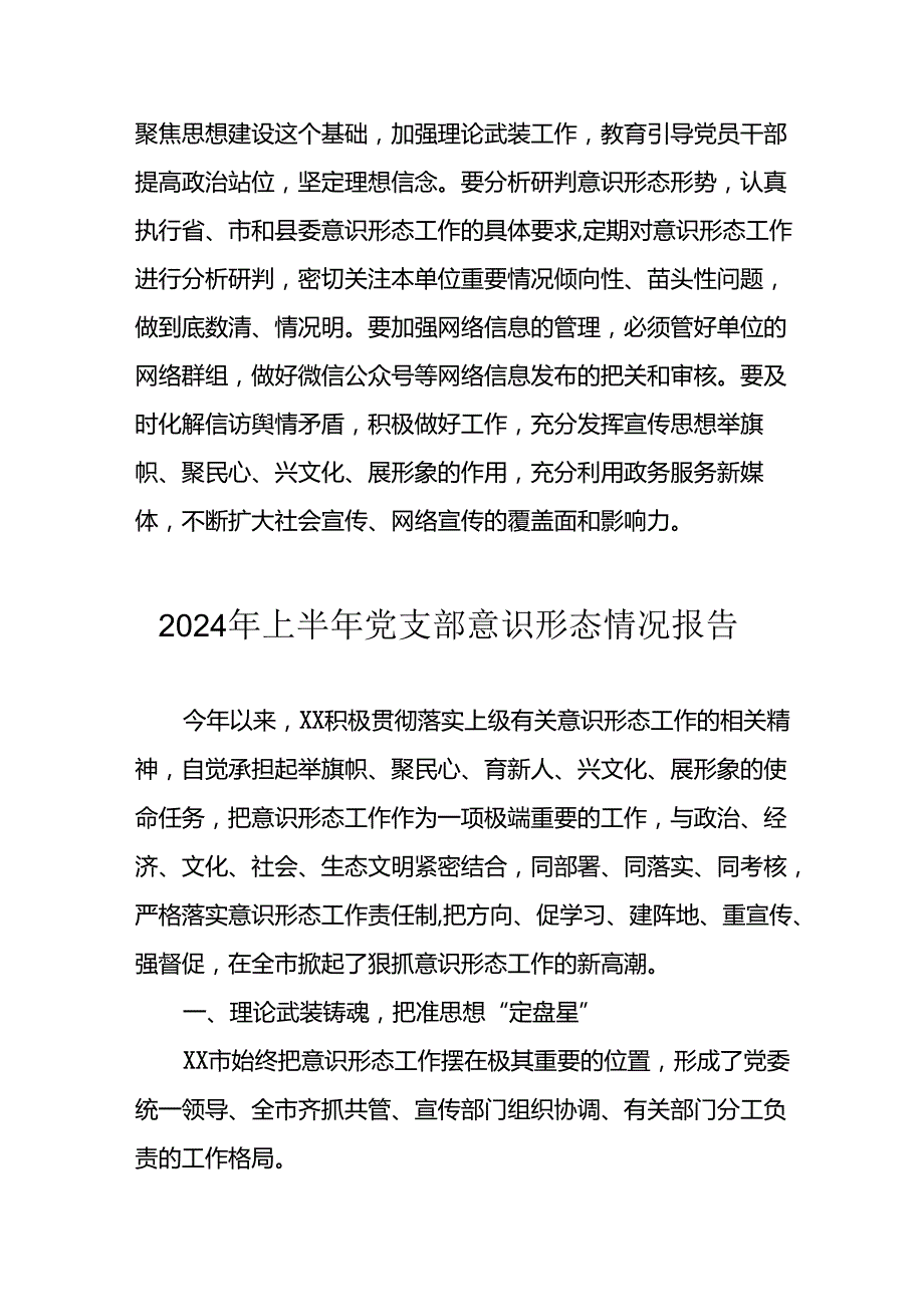 开展2024年上半年《党支部意识形态情况》工作报告 （3份）56.docx_第1页