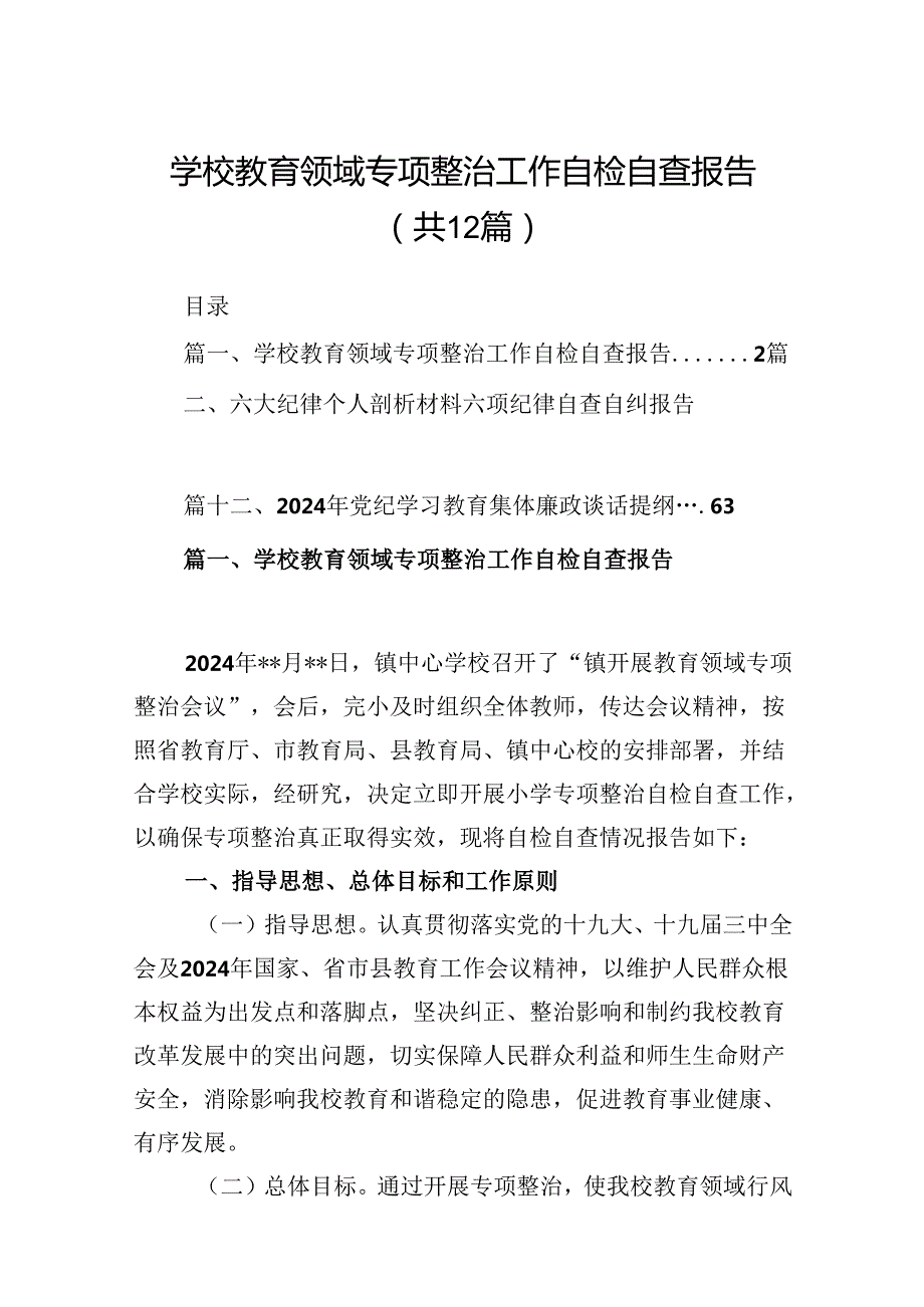 学校教育领域专项整治工作自检自查报告（共12篇选择）.docx_第1页