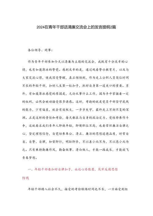2024在青年干部话清廉交流会上的发言提纲2篇.docx