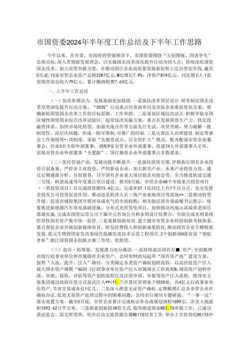 市国资委2024年半工作总结及下半年工作思路.docx