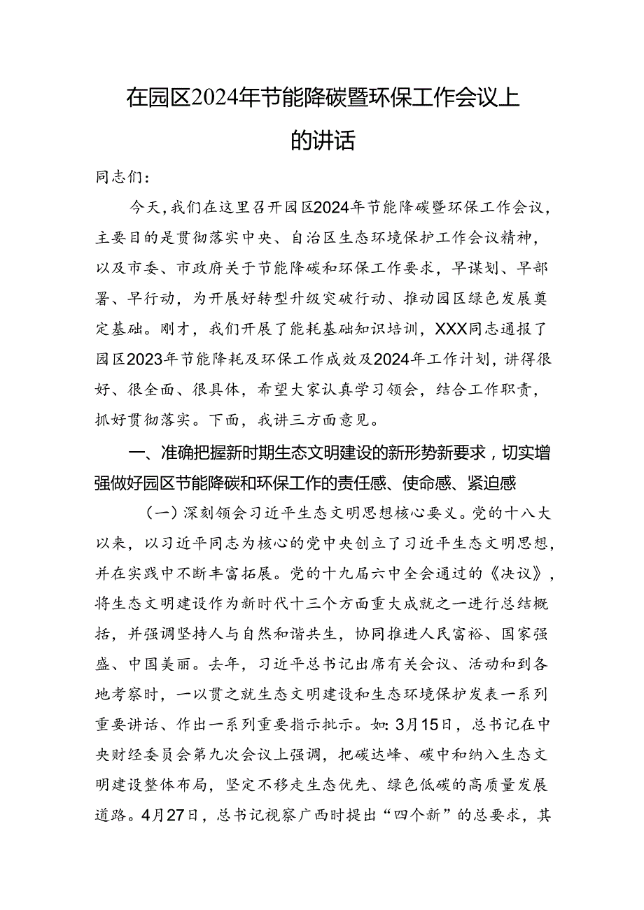 在园区2024年节能降碳暨环保工作会议上的讲话(1).docx_第1页