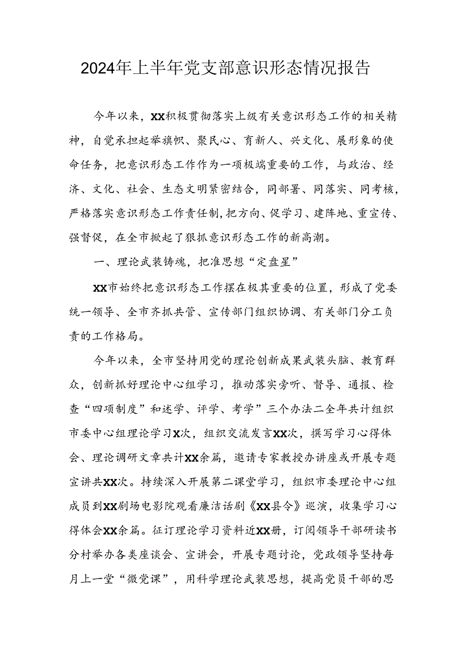 开展2024年上半年《党支部意识形态情况》工作报告 （4份）51.docx_第1页