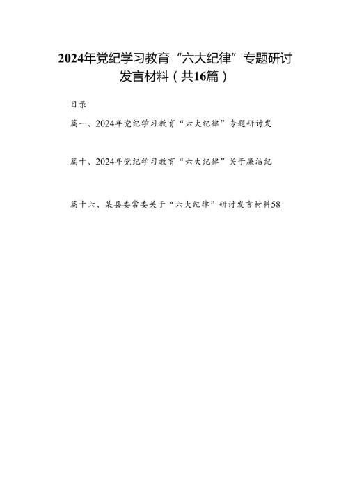 2024年党纪学习教育“六大纪律”专题研讨发言材料【16篇】.docx