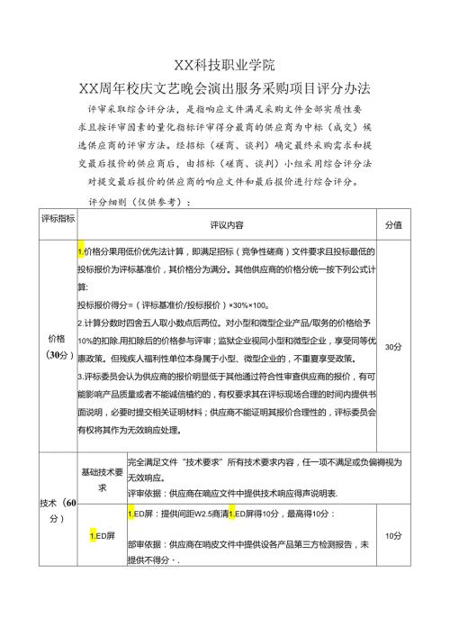 XX科技职业学院XX周年校庆文艺晚会演出服务采购项目评分办法（2024年）.docx