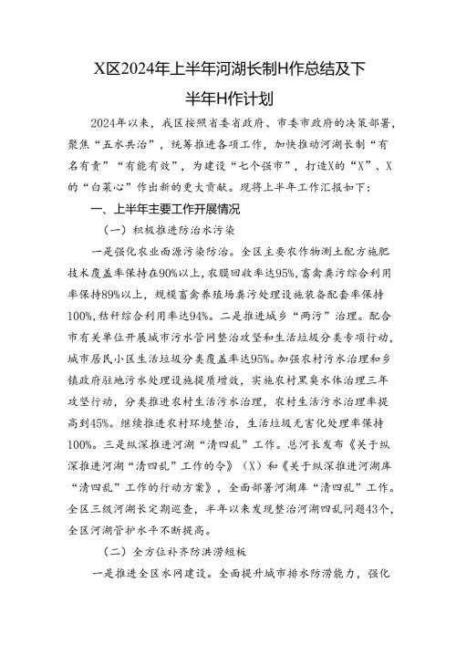 X区2024年上半年河湖长制工作总结及下半年工作计划.docx