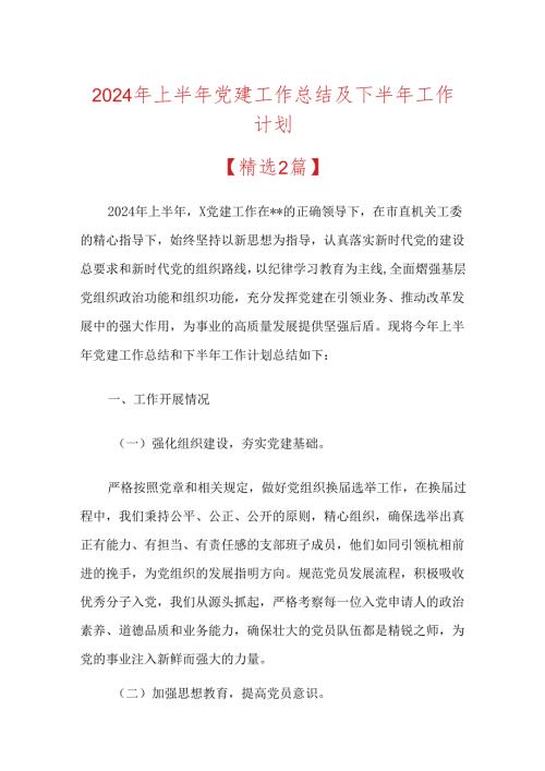 2024年上半年党建工作总结及下半年工作计划（精选）.docx