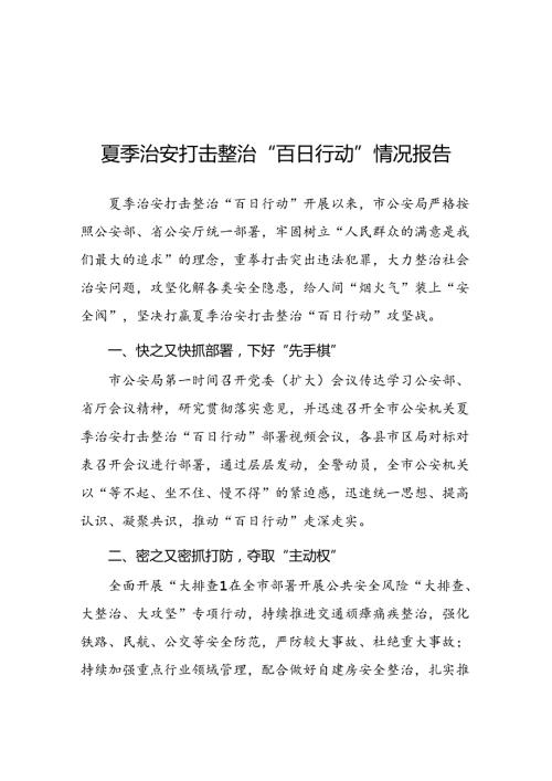 二十三篇2024年市公安局开展夏季治安打击整治“百日行动”进展情况汇报.docx