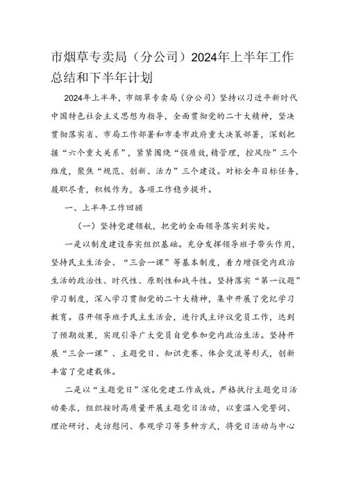 市烟草专卖局（分公司）2024年上半年工作总结和下半年计划.docx