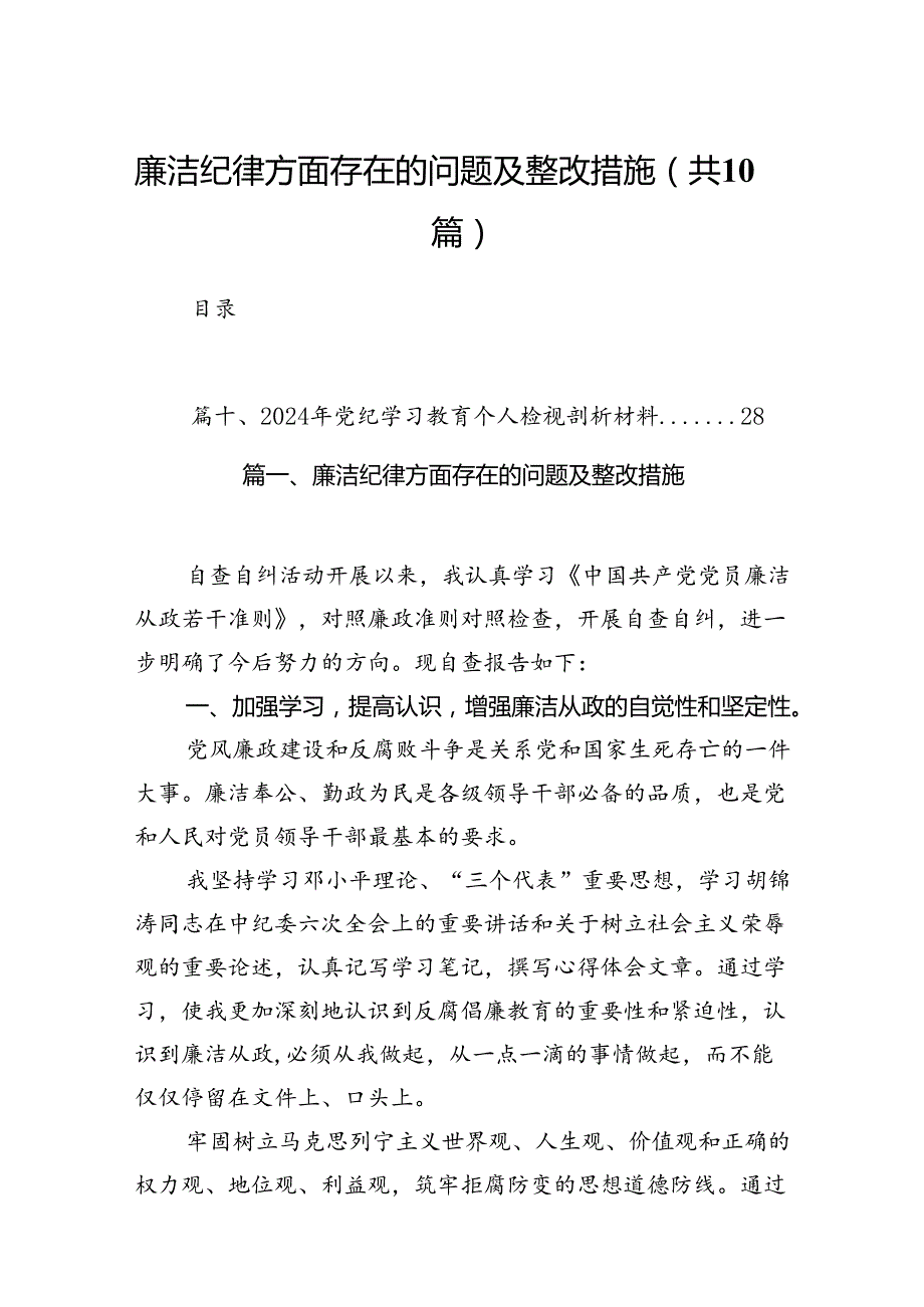 廉洁纪律方面存在的问题及整改措施10篇（详细版）.docx_第1页