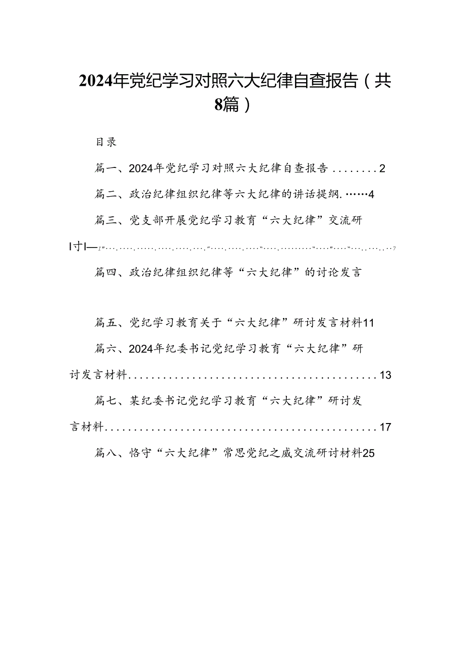 2024年党纪学习对照六大纪律自查报告8篇（最新版）.docx_第1页