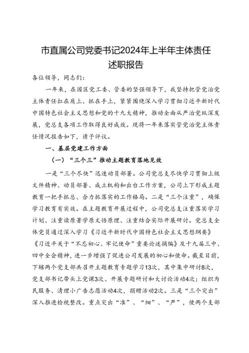 市直属公司党委书记2024年上半年主体责任述职报告.docx
