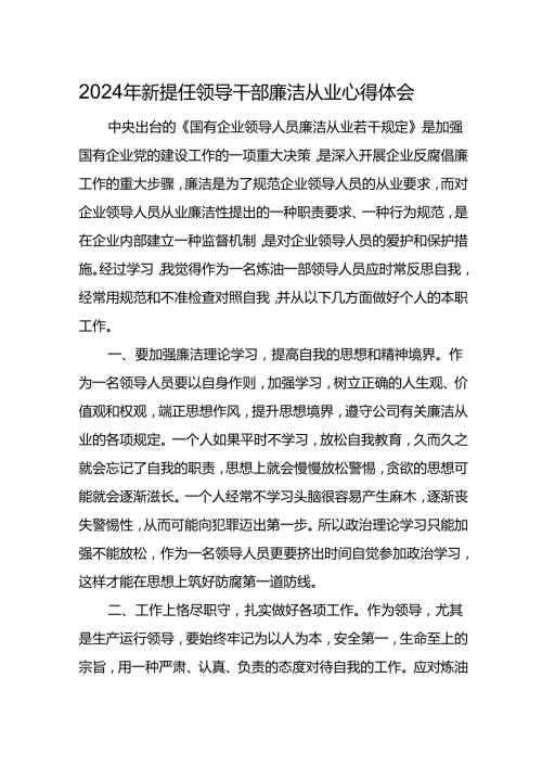 2024年新提任领导干部廉洁从业心得体会11.docx