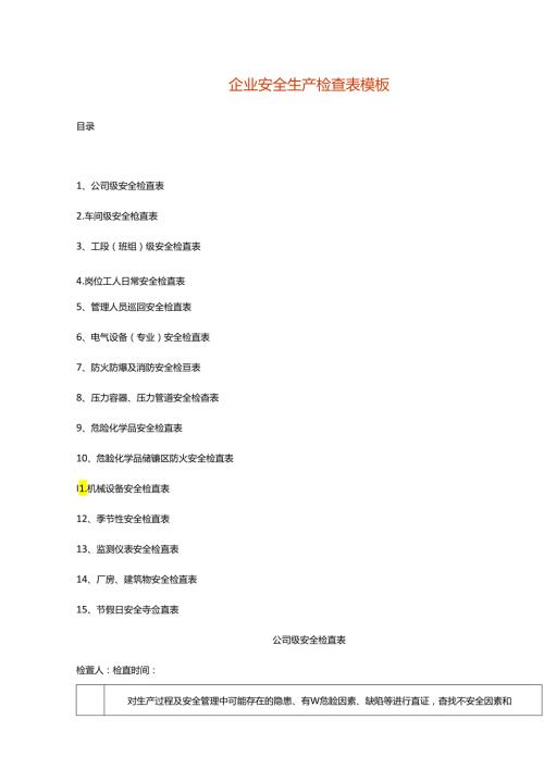 企业安全生产检查表模板.docx