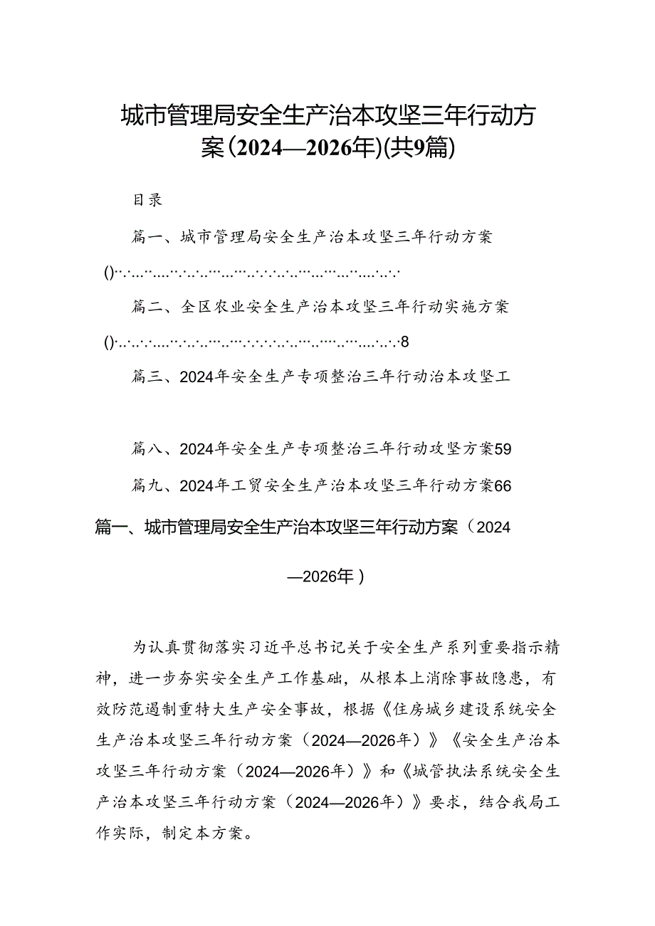 （9篇）城市管理局安全生产治本攻坚三年行动方案（20242026年）范文.docx_第1页