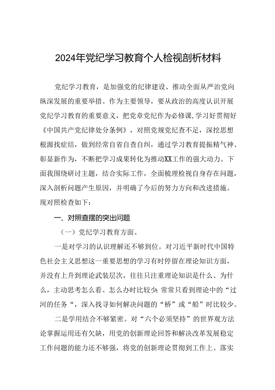 2024党纪学习教育专题民主生活会问题检视发言提纲(十四篇).docx_第1页