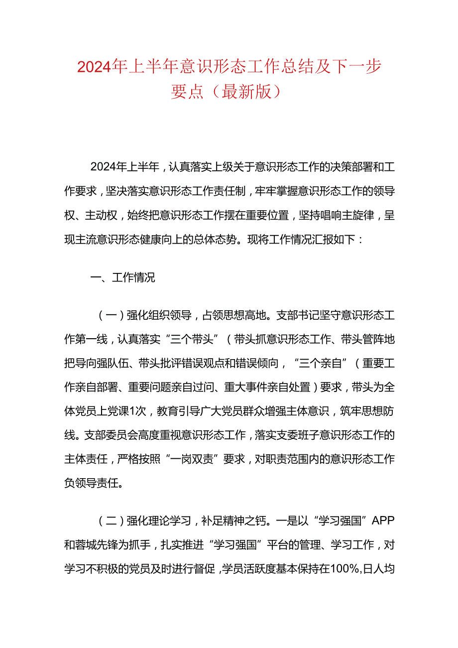 2024年上半年意识形态工作总结及下一步要点（最新版）.docx_第1页