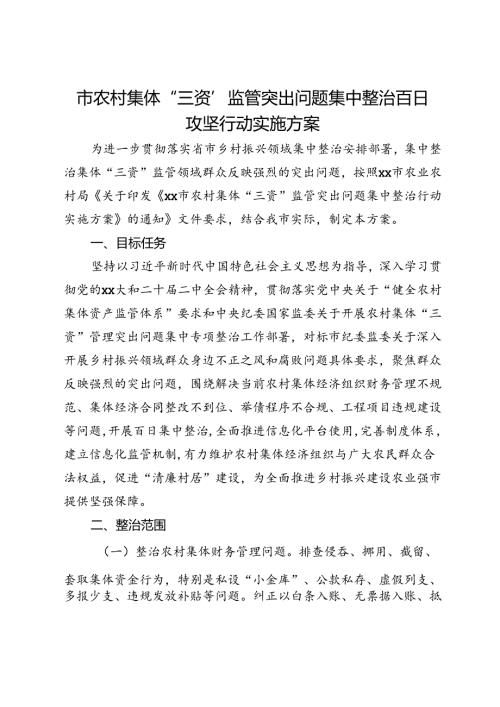市农村集体“三资”监管突出问题集中整治百日攻坚行动实施方案.docx