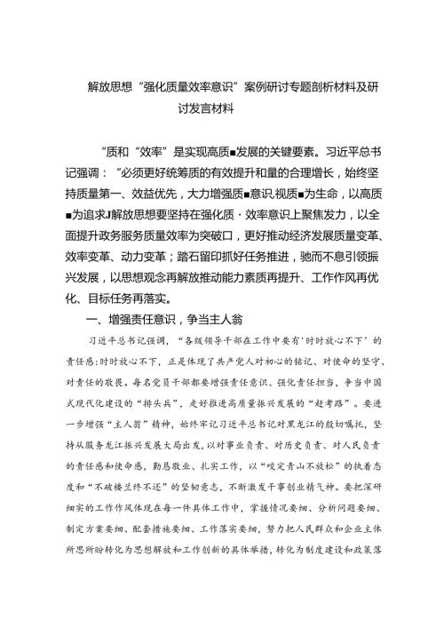 2024解放思想“强化质量效率意识”案例研讨专题剖析材料及研讨发言材料10篇.docx