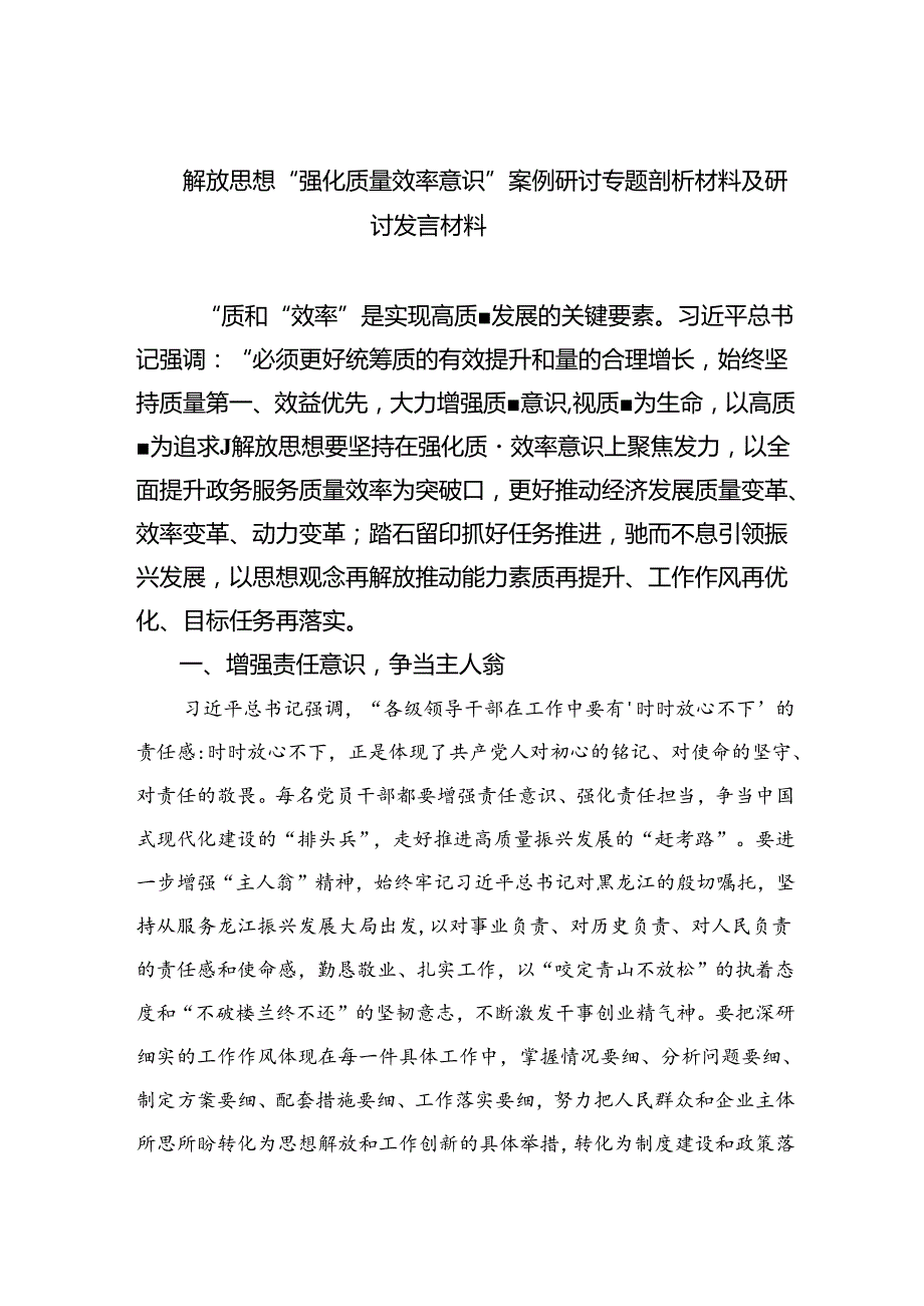 2024解放思想“强化质量效率意识”案例研讨专题剖析材料及研讨发言材料10篇.docx_第1页