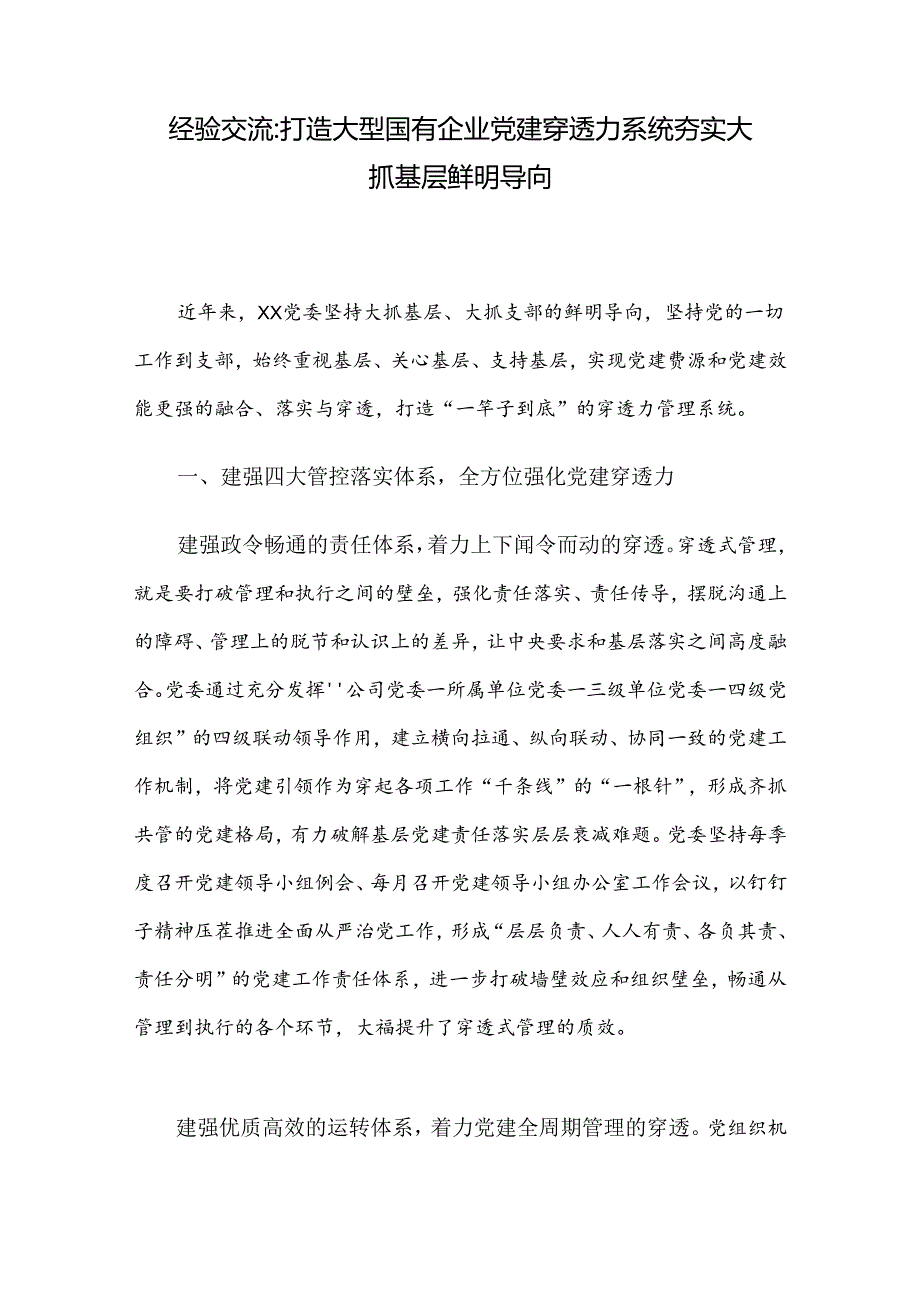 经验交流：打造大型国有企业党建穿透力系统 夯实大抓基层鲜明导向.docx_第1页
