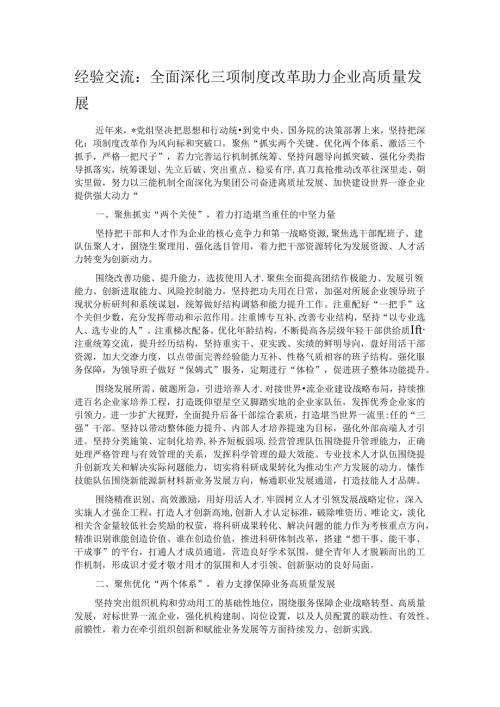 经验交流：全面深化三项制度改革 助力企业高质量发展.docx