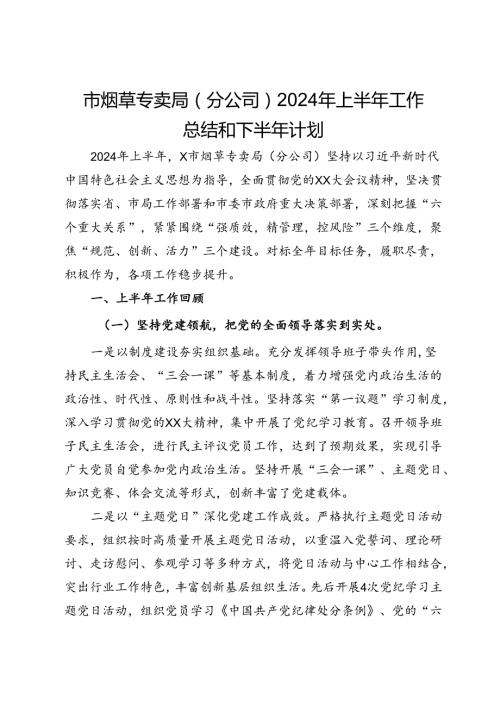 市烟草专卖局（分公司）2024年上半年工作总结和下半年计划(1).docx