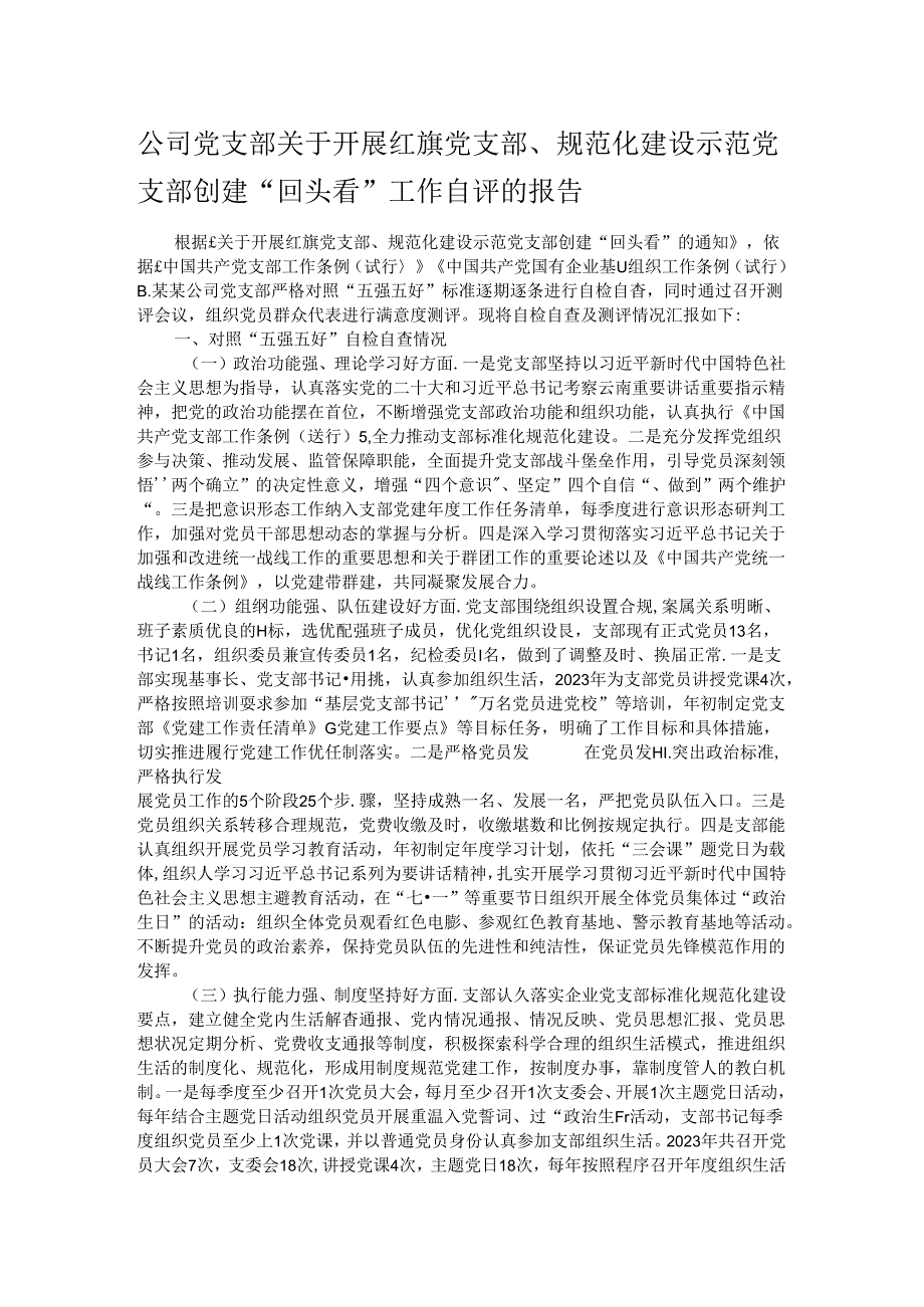 公司党支部关于开展红旗党支部、规范化建设示范党支部创建“回头看”工作自评的报告(1).docx_第1页