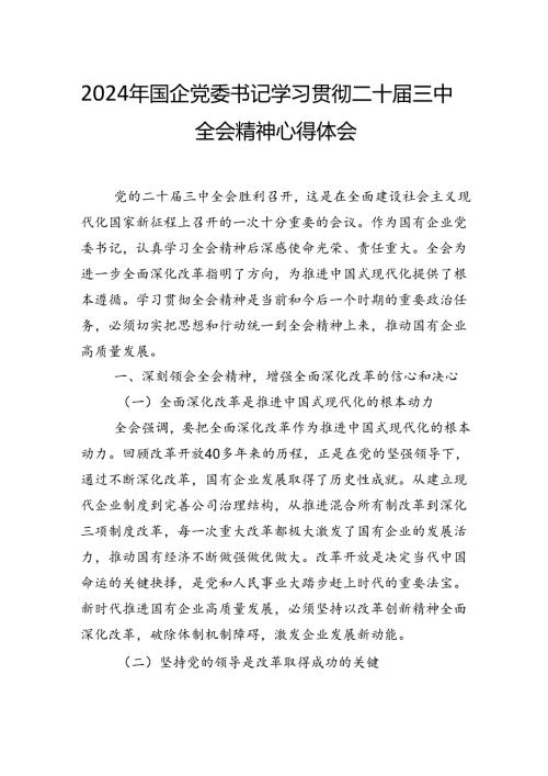 2024年国企党委书记学习贯彻二十三中全会精神心得体会.docx