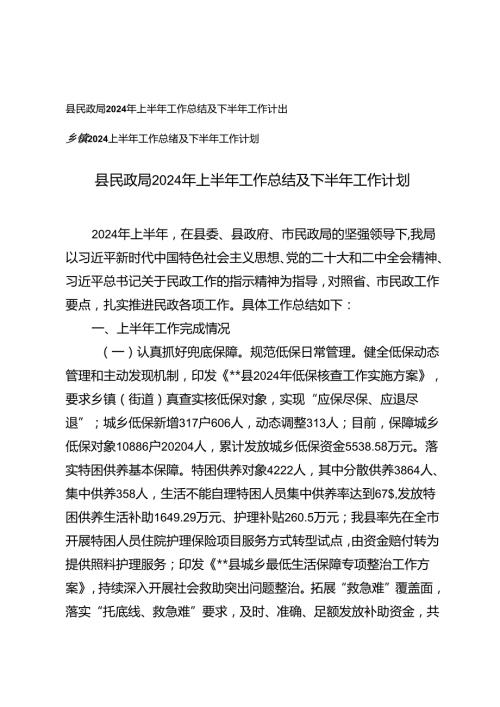 乡镇、县民政局2024上半年工作总结及下半年工作计划.docx