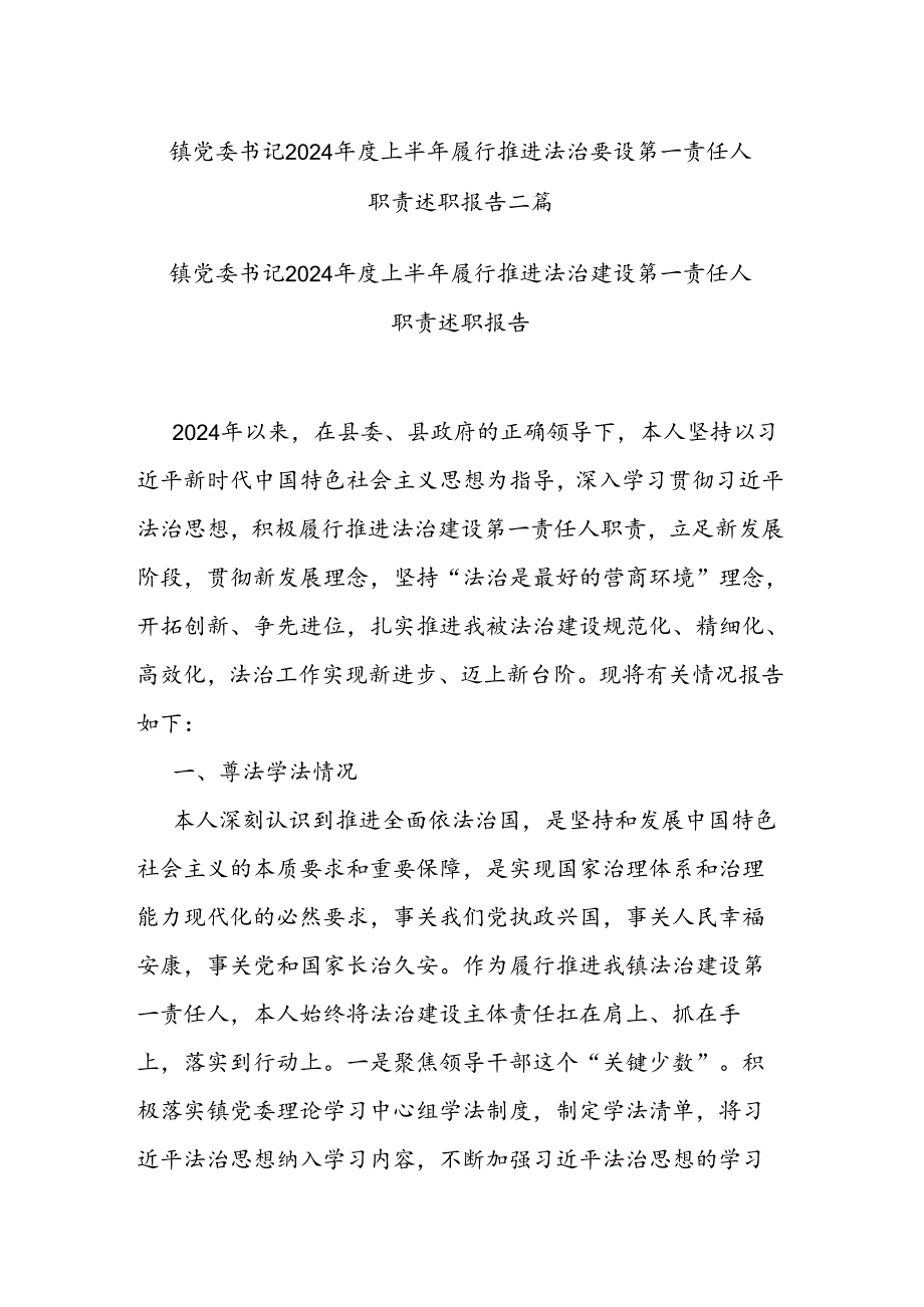 镇党委书记2024上半年履行推进法治建设第一责任人职责述职报告二篇.docx_第1页