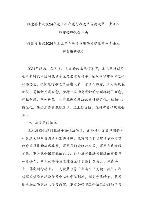 镇党委书记2024上半年履行推进法治建设第一责任人职责述职报告二篇.docx
