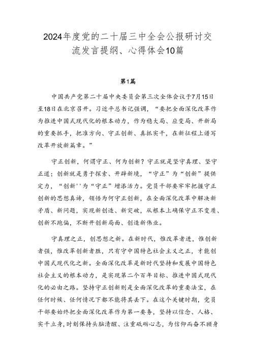 2024党的二十三中全会公报研讨交流发言提纲、心得体会10篇.docx