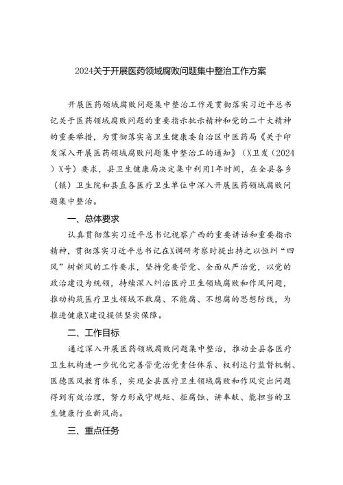 （10篇）关于开展医药领域腐败问题集中整治工作方案范文.docx