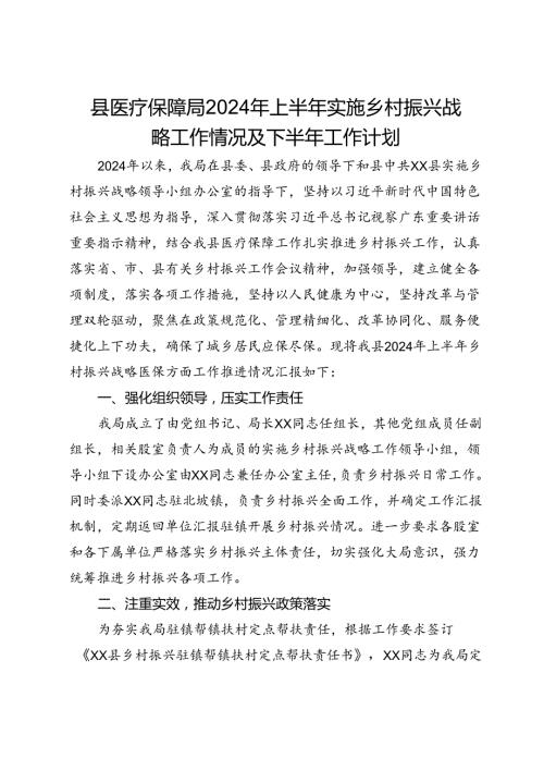 县医疗保障局2024年上半年实施乡村振兴战略工作情况及下半年工作计划.docx
