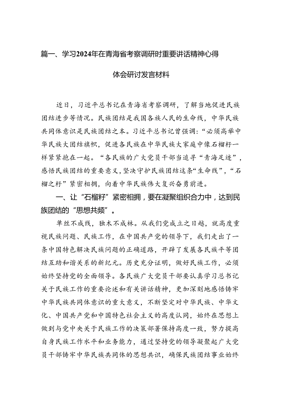 9篇学习2024年在青海省考察调研时重要讲话精神心得体会研讨发言材料范文.docx_第2页