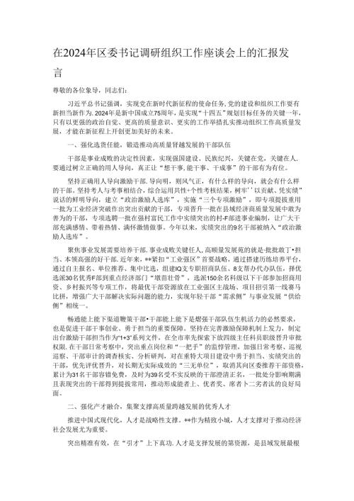 在2024年区委书记调研组织工作座谈会上的汇报发言.docx