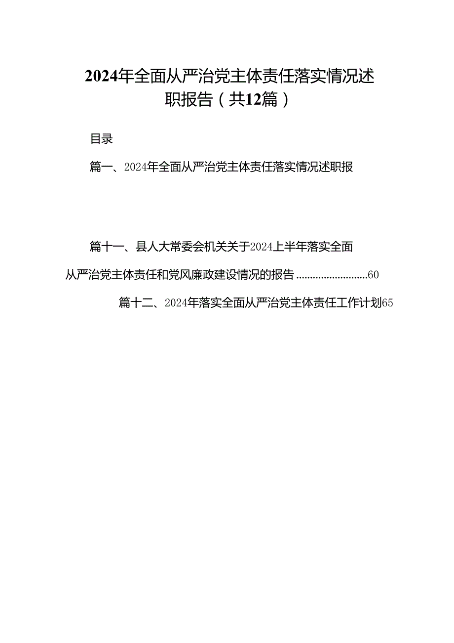 2024年全面从严治党主体责任落实情况述职报告（共12篇）.docx_第1页