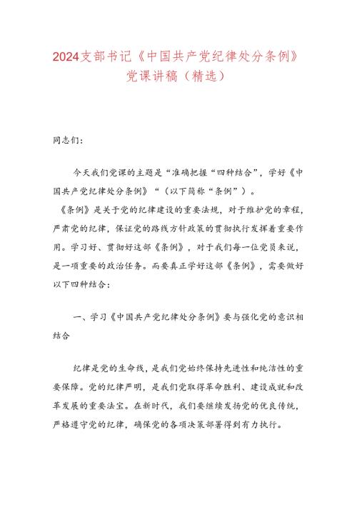 2024支部书记《中国共产党纪律处分条例》党课讲稿（精选）.docx