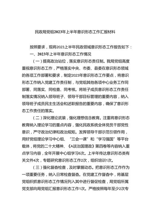 民政局党组2023年上半年意识形态工作汇报材料10篇（详细版）.docx