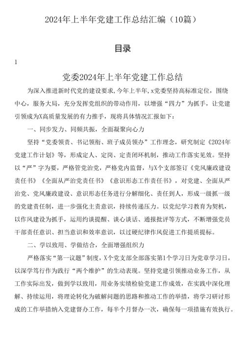 2024年上半年党建工作总结汇编（10篇）.docx
