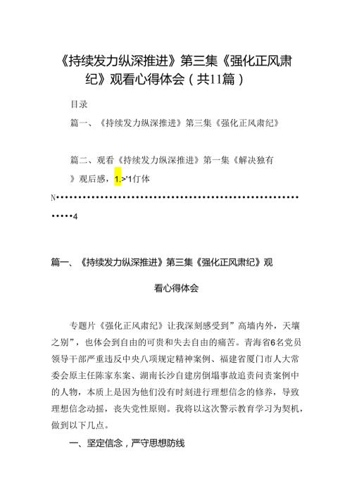 （11篇）《持续发力纵深推进》第三集《强化正风肃纪》观看心得体会汇编.docx