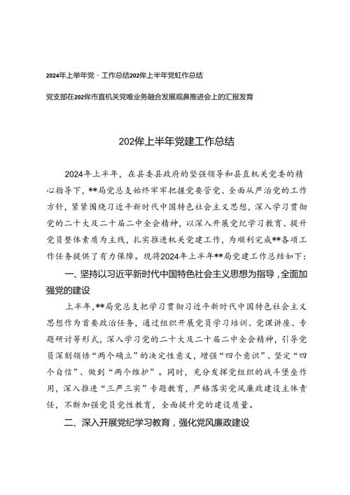 党支部在2024年市直机关党建业务融合发展观摩推进会上的汇报发言+2024年上半年党建工作总结.docx