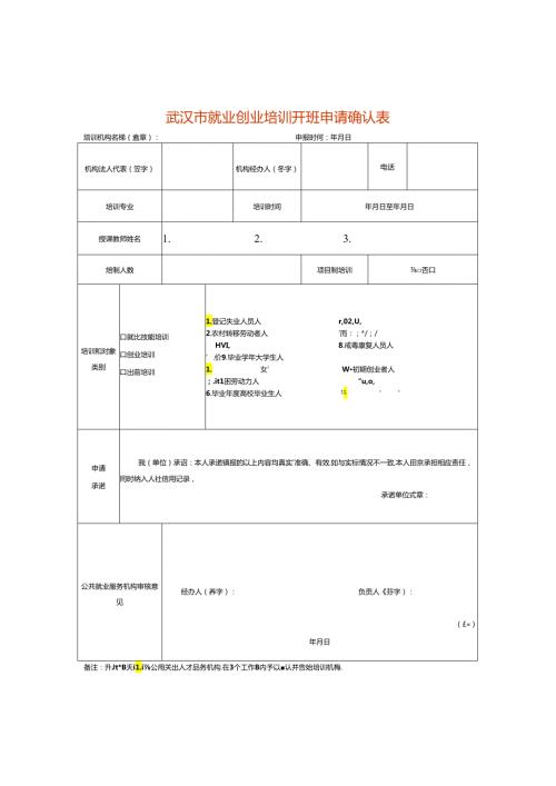 武汉市就业创业培训开班申请确认表.docx