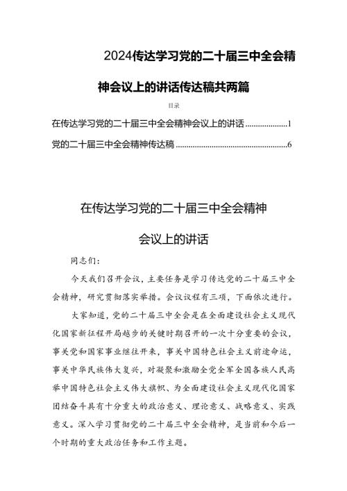 2024传达学习党的二十三中全会精神会议上的讲话传达稿共两篇.docx
