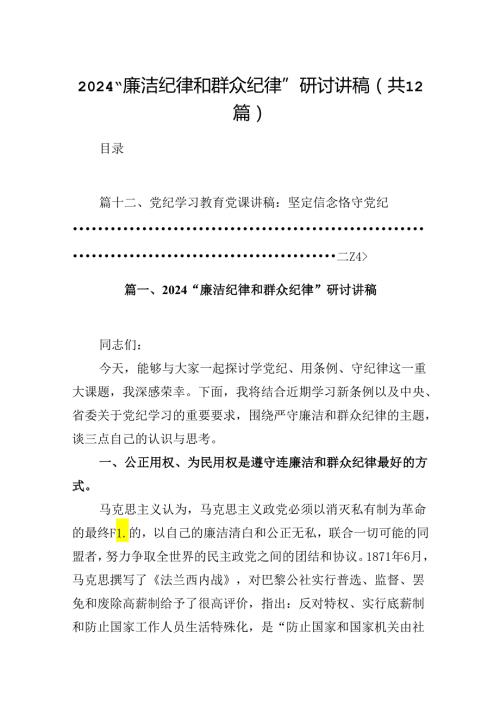 “廉洁纪律和群众纪律”研讨讲稿【12篇】.docx