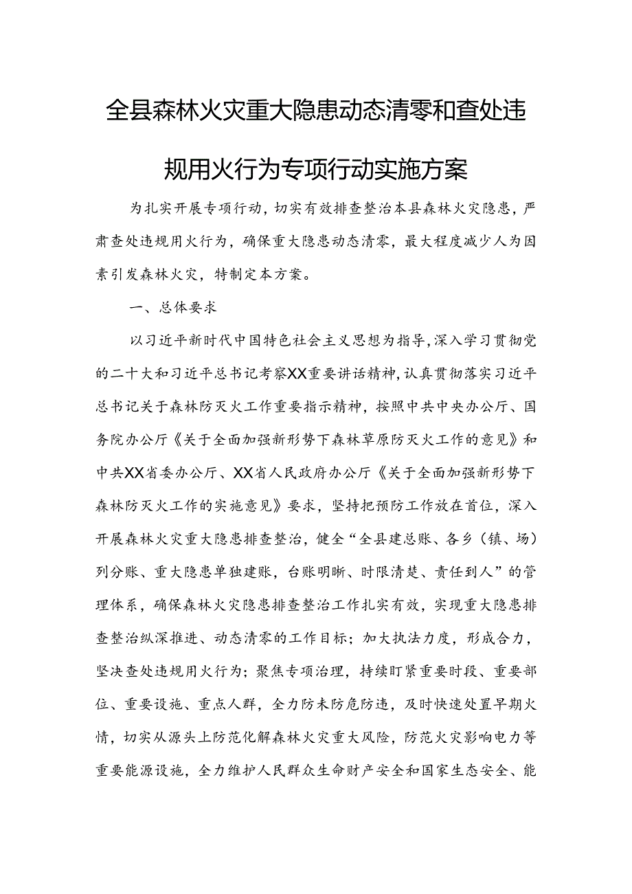 全县森林火灾重大隐患动态清零和查处违规用火行为专项行动实施方案.docx_第1页