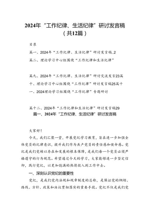 2024年“工作纪律、生活纪律”研讨发言稿12篇（最新版）.docx