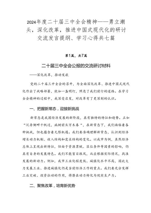 2024二十三中全会精神——勇立潮头深化改革推进中国式现代化的研讨交流发言提纲、学习心得共七篇.docx